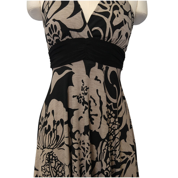 Vintage Y2K Fairy Midi Dress Size S Black Tan Floral V Neck Asymmetric Hem - Picture 3 of 11